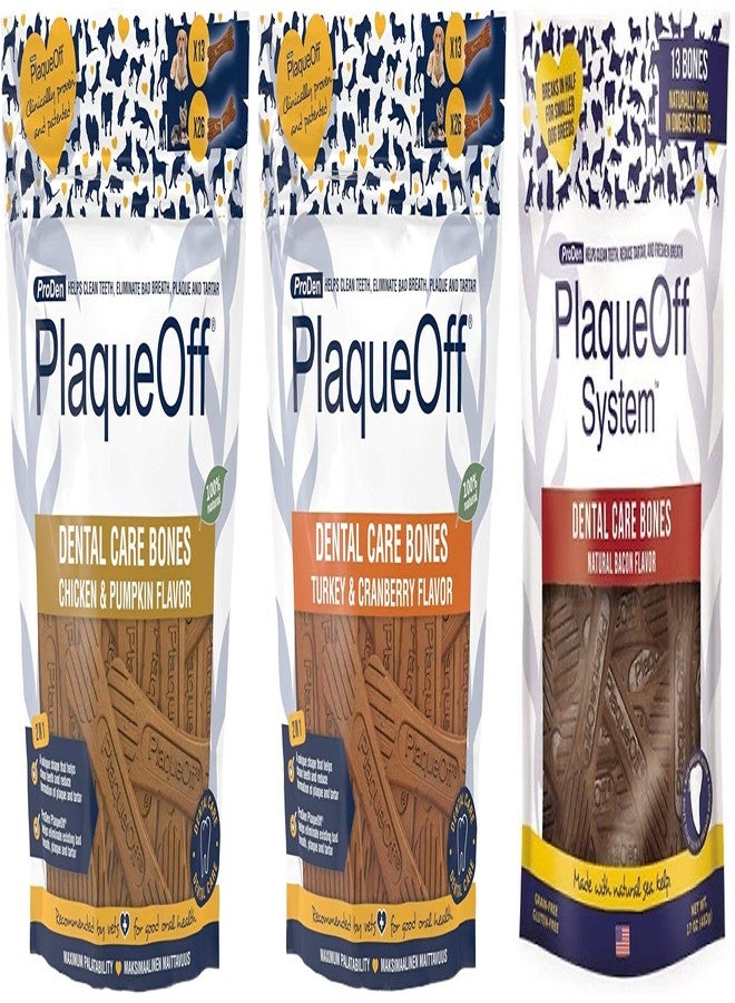 WPARHUS ProDen PlaqueOff 3 Flavor Dental Bone Dog Treat Bundle: Chicken & Pumpkin, Turkey & Cranberry, and Bacon, 17 Ounces Each - Image 1